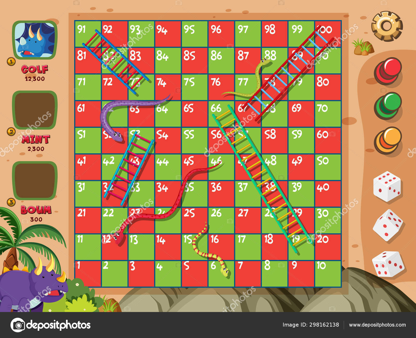 Jogo de tabuleiro com cobras e escadas em quadrados vermelhos e verdes  imagem vetorial de brgfx© 298162138